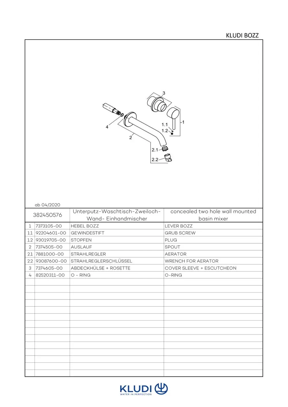 Technische Zeichnung mit Bauteilen für einen Wandmischer von Kludi, einschließlich Spout, Aerator, O-Ring und weiteren Zubehörteilen.